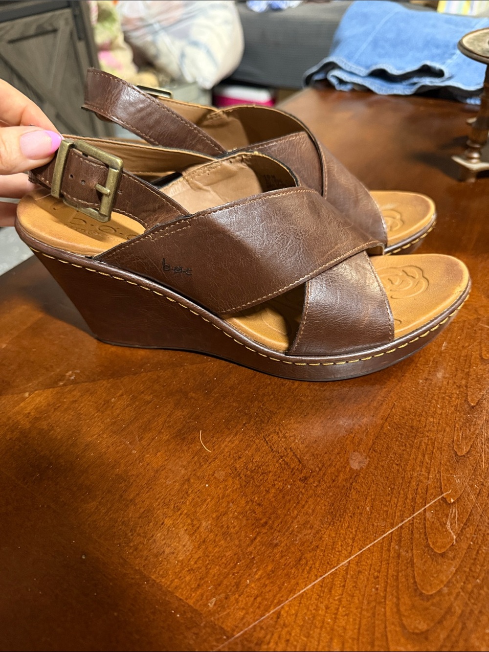 Brown Leather Crisscross Wedge Sandals - Women